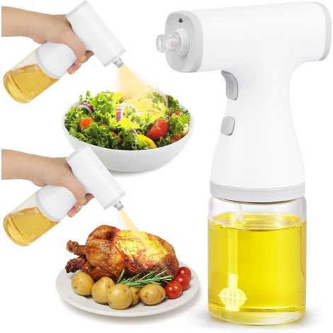 250ml Eléctrico Pulverizador Aceite, Spray Aceite Cocina Eléctrico con Dos Modos de Pulverización y Luz Led, Cargador USB, Aceitera Spray Pulverizador Vidrio para Parrilla, Ensaladas, Blanco (1/5)