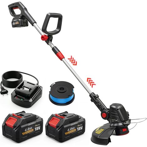 Outsunny desbrozadora batería 18v con 2 baterías de 4.0ah y cargador motor sin escobillas barra ajustable cabezal y mango regulables ancho corte 25 cm