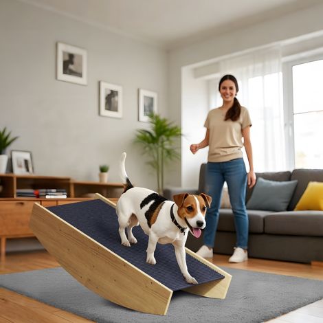 Planche d'équilibre 2-en-1 pour chien, rampe d'agilité en bois naturel 80x39,5x20 cm, pour petits et moyens chiens jusqu'à 15 kg, idéale pour renforcer confiance et équilibre