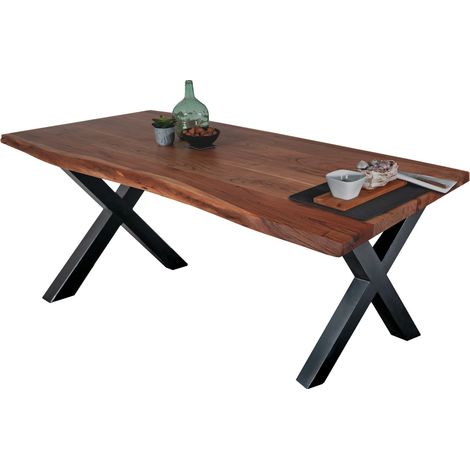 Esstisch Baumkante massiv Akazie Nussbaum 220 x 100 X-Gestell schwarz TOMASO (1/5)