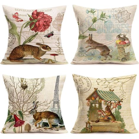 CCYKXA Lot de 4 taies d'oreiller en Coton et Lin Motif Pot de Fleurs artificielles 3D Peinture à l'huile Art Décoratif Maison Bureau Taie d'oreiller Coton Lin 45,7 x 45,7 cm 18"x18" Vintage Rabbit