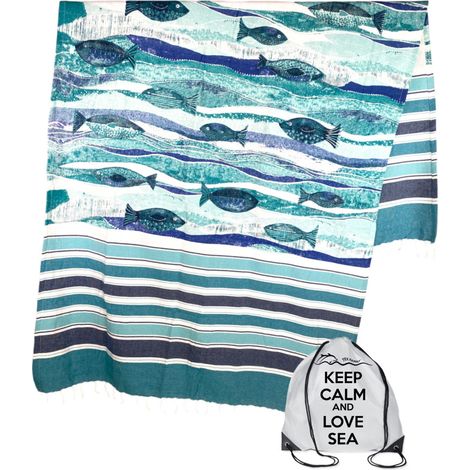 TELO MARE fouta Pesci Blu Grande CM.100X200 con zaino Spiaggia KEEP CALM
