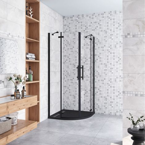 80x80x195 cm Box Doccia Semicircolare Doppia Porta Battente Vetro 6mm Temperato Trasparente Easyclean, Barra Stabilizzatrice e Telai in Nero Opaco (1/5)