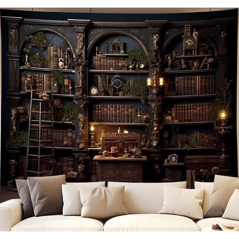 Tapisserie médiévale pour bibliothèque, Dark Academia Old Library Tapestries à suspendre, décoration murale gothique, décoration murale gothique pour salle d'étude, bureau, chambre à coucher, (1/5)