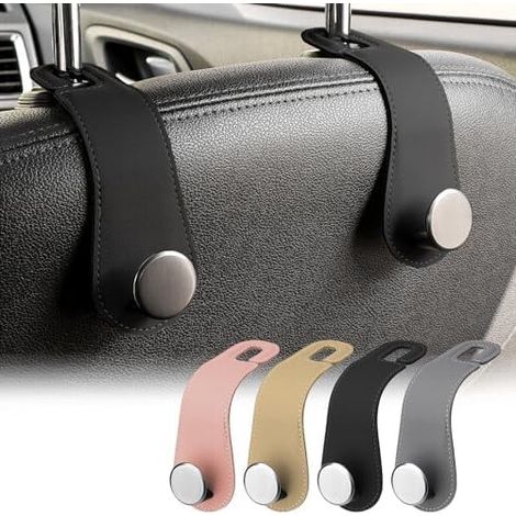 Ganci portaoggetti per sedili auto in vera pelle, confezione da 2, eleganti ganci portaoggetti per sedili, adatti per appendere portafogli, borse, cappotti, ombrelli, neri.