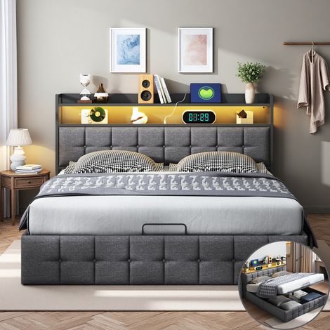 Lit coffre 140x190 CM avec LED Réglable et Multiprise USB Tpye C, sommier inclus, Tête de Lit avec Étagères, Lit Hydraulique avec Rangement, 2 Personnes, tissu en lin