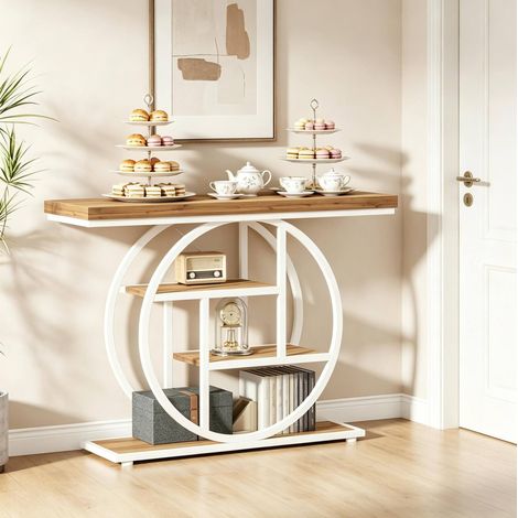 REDOM - Consola 105x30x80 cm, 4 niveles escalonados, uso versátil, estructura de metal y madera, marrón y blanco (1/5)