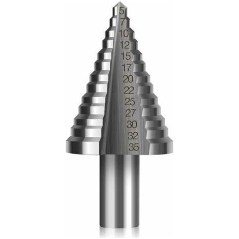 Foret Fraise Meche Etage HSS,Foret Étagé Fraise Conique à Double Fente (5mm-35mm) avec Revêtement Titane,Solide,Parfait Pour Visseuse Percage sur Acier Bois,Laiton,Aluminium,PVC(Tige ronde, 13 m (1/4)