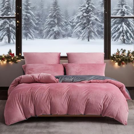 Winter Bettwäsche 200x200 cm Rosa Grau, 3-teilig, warm & kuschelig