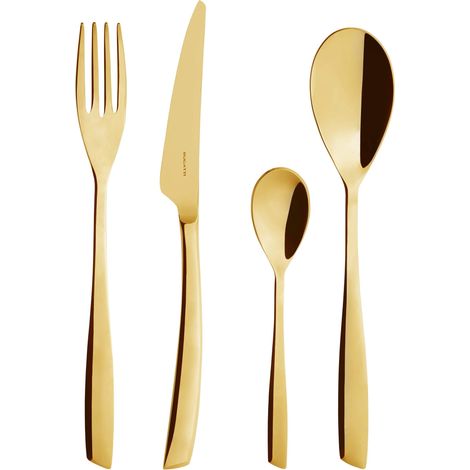 BUGATTI, Riviera, Set Posate 24 Pezzi in Acciaio Inox 18/10. Servizio Posate per 6 Persone Composto da 6 Cucchiai, 6 Forchette, 6 Coltelli e 6 Cucchiaini caffè, Rivestimento PVD Colore Gold (1/5)