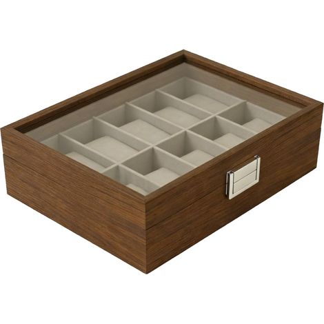 Watch Box, Wooden Display Case with Ten Slots, Velvet-Lined Interior and Safety Glass Lid for Men's and Women's Collections (BROWN) (1/5)