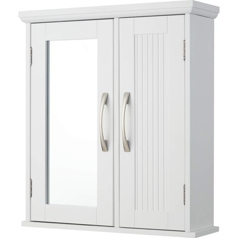 Salle de Bain en Bois Miroir Mural Armoire à Pharmacie avec Miroir et étagères réglables Blanc (1/5)