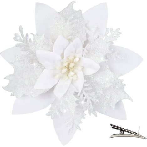 20 Pièces Fleur de Noël pour Sapin avec Clip, Fleurs de Noel Artificielles Glitter, Fleur Poinsettia Noel de Scintillantes, (Blanc) (1/5)