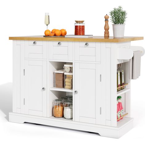 ELVMI Carrello da Cucina con 3 Cassetti, 2 Ante, Piano Ribaltabile e Prese USB, MDF, 132 x 40(70) x 87 cm, Bianco Naturale (1/5)