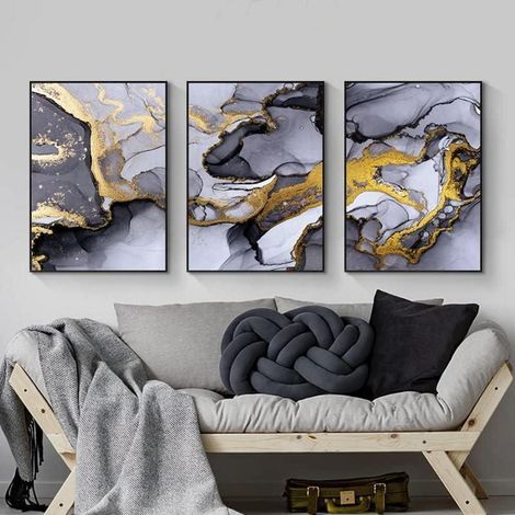 Wandbilder Wohnzimmer grau golden FluidArt 3PCS-60x90cm Marmoriert 5 (1/5)