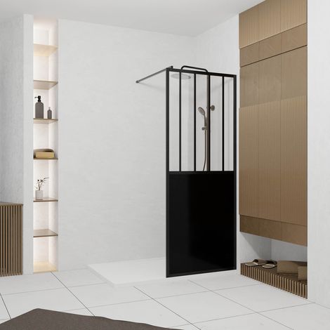 paroi de douche 80x200 cm type verriere - verre trempe et structure aluminium noir mat - glassy