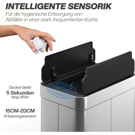 Poubelle automatique 55 L avec couvercle papillon, ouverture par capteur, acier inoxydable argenté, sans contact (1/4)