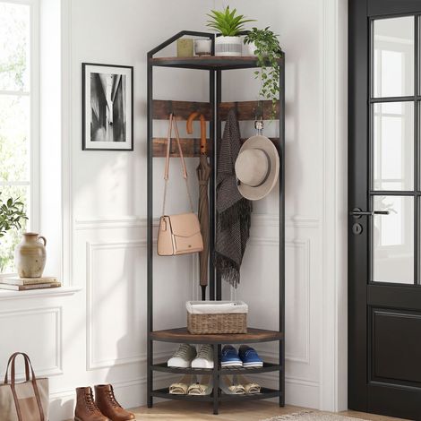 Meuble d'entrée d'angle, vestiaire à 4 niveaux, rangement pour chaussures, 8 patères mobiles, 2 étagères, brun rustique (1/5)