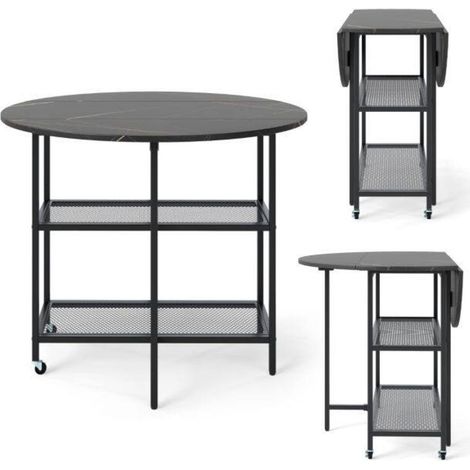 Cuisine et Salle à Manger Gain de Place : Table Ronde Pliable avec Roulettes et Étagères de Rangement Effet Marbre (1/5)