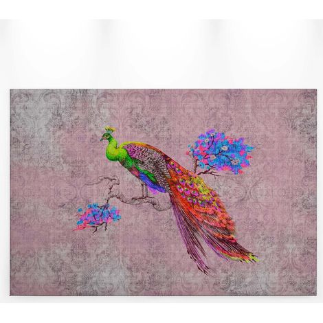Tableau pour chambre oiseau multicolore sur branche | Tableau animaux sur fond baroque | Tableau sur toile rose pour salon - 0,9 x 0,6 m (1/5)