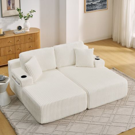 Seyakany Canapé 2 places en velours côtelé avec rangement latéral et porte-gobelets,Beige (1/5)