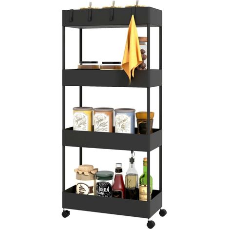 Desserte de cuisine 4 niveaux chariot roulant avec roulettes et freins rangement salon chambre plastique noir 40x19x90 (1/5)