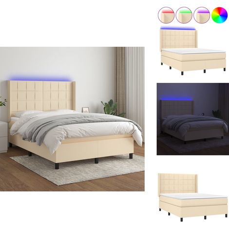 Sommier à lattes de lit matelas et LED Crème 140x200 cm Tissu - Sommier Tapissier - Lit Plateforme - Lit Avec Rangement - Tête De Lit Ajustable - Éclairage Led (1/5)