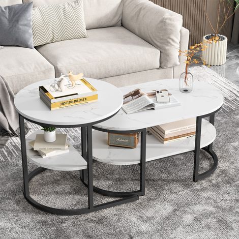 Table basse, Table basse salon, Table basse ovale avec table d'appoint ronde, design minimaliste et fonction de rangement, Noir (1/5)