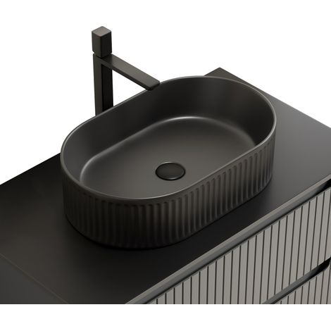 Cuvette de salle de bain de, noir, 49 cm, pour salle de bain, SANS meuble, SANS robinet ni drain, bol ovale rayé en céramique uniquement