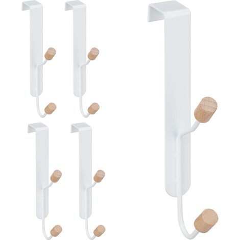 Türhaken, 5er-Set, skandinavischer Stil, Doppelhaken, aus Eisen und Holz, weiß/natur (1/4)