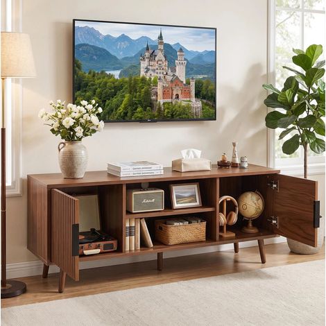 Mueble bajo para TV de 138 cm con 2 puertas para salón y dormitorio, nicho abierto, MDF color nogal (1/5)