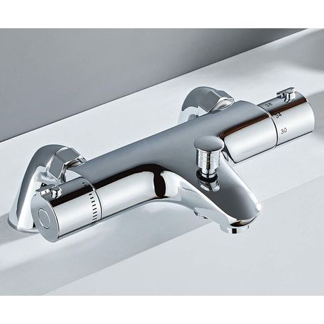 Thermostatic Bath Mixer Tap, Thermostatic Bath Faucet, Bath Shower Mixer with Temperature Control, Brass, Chrome Finish, Bathtub Mounted (1/5)