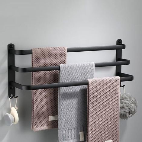Porte-Serviettes - Aluminio Anodizado - 40 Cm - Sin Perforación - 2 Ganchos Laterales - Negro (1/5)