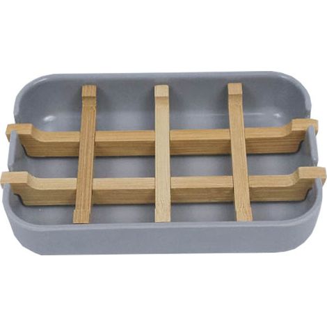 Porte-savon de salle de bain en bambou gris, bac à douche, accessoire de salle de bain unisexe (1/5)