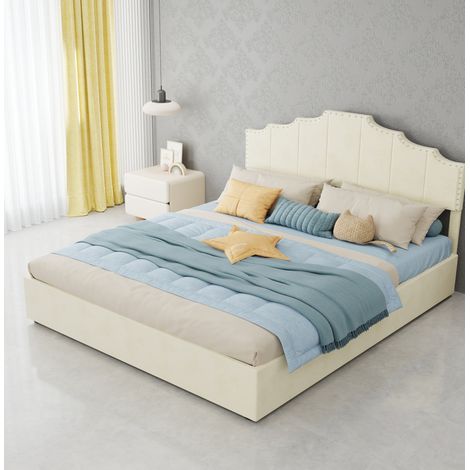 Cama canapé moderna de tela beige 160x200 cm con cabecero geométrico tapizado y somier de láminas