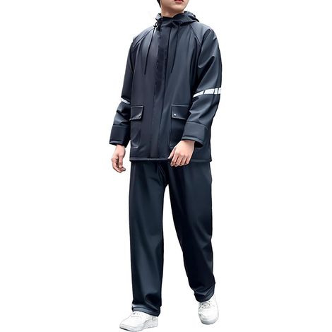 Combinaison Imperméable en PVC Imperméable pour Homme, 2 Pièces, Ensemble de Vêtements de Pluie avec Chapeau, Bande Réfléchissante, Veste Fendue et Pantalon pour Homme, Moto, Vélo, Déplacement (1/5)