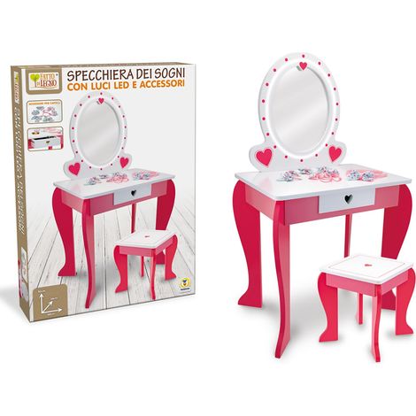 Miroir de rêve en Bois Eco Haute 90 cm avec lumières LED, Tabouret Inclus, Maquillage Artiste, Poste de Maquillage Fille Rose et Blanc, idée Cadeau 3 Ans (1/3)