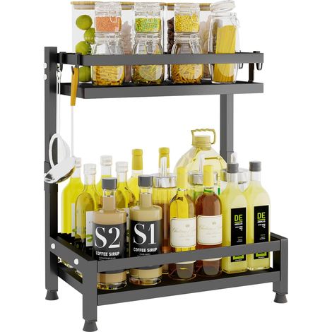 Porta spezie da appoggio, organizer per spezie da cucina a 2 livelli, ripiano da appoggio, porta spezie angolare con 3 ganci, nero