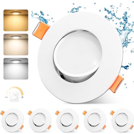 Lot de 6 spots LED encastrables - 230 V - Intensité variable - 68-80 mm - 4,9 W - IP44 - Ultra plats - 3000 K/4000 K/6000 K - Pour salle de bain, salon - Orientables à (1/5)