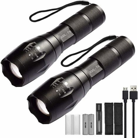 Lote de 2 linternas LED de alta potencia con 2 baterías recargables 18650. Linterna táctica con cargador USB (1/5)