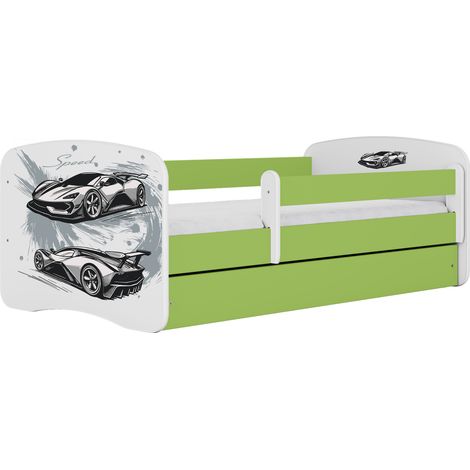 Lit enfant 70 x 140 cm avec tiroir et barrière, avec matelas, vert motif voiture de sport (1/4)