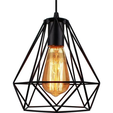 – Lustre suspension industrielle E27 – Abat-jour diamant noir 20x20cm – Longueur câble 100cm réglable – Pour salon, chambre, couloir (1/5)