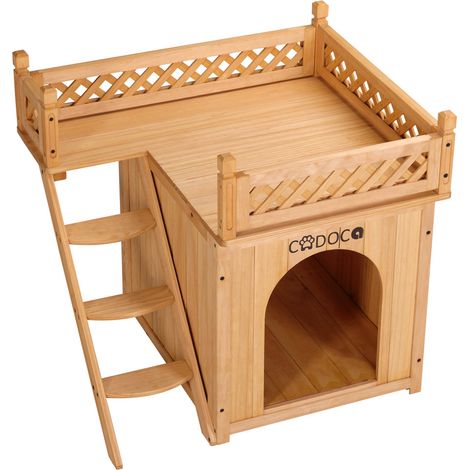 Maisonnette pour chat en bois de pin 65x55x54cm – 2 étages avec terrasse et escalier – Espace cosy pour petits chiens – Cadoca (1/6)