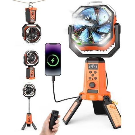 Ventilatore da campeggio solare da 24000mAh con supporto, ventilatore USB con luce, utilizzabile come power bank, con telecomando e gancio, per ufficio e campeggio, arancione e nero (1/5)
