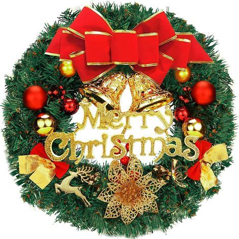 Couronne de Noel Porte 35 cm Guirlande de Noël Sapin de Noël Porte Décoration de Guirlande avec Merry Christmas Bowknot Jingle pour Cadre de cheminée Murale (1/5)