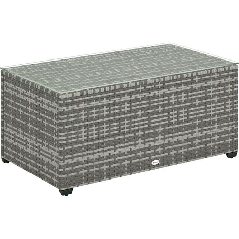Outsunny Outdoor Coffee Table, Glass Top Rattan Side Table, Light Grey (1/5)