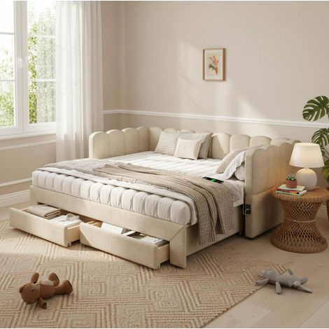 Cama nido 90x190 cm extensible 180x190 cm beige de chenilla con 2 cajones y puertos USB (1/5)