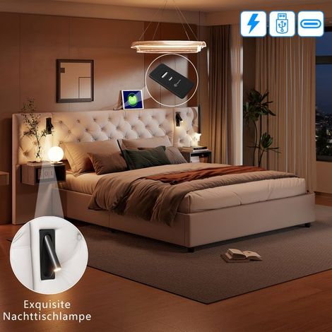 Cama lit 160x200 cm - TANANT - Beige - 2 cajones - Lámpara de lectura - LED integrada (1/5)