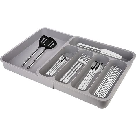 Range Couverts pour Tiroir avec 6 Compartiments(Gris), Organisateur de Tiroir Réglable pour la Cuisine, Range Couverts Extensible pour contenir des Cuillères, Fourchettes, ustensiles de Cuisine (1/5)