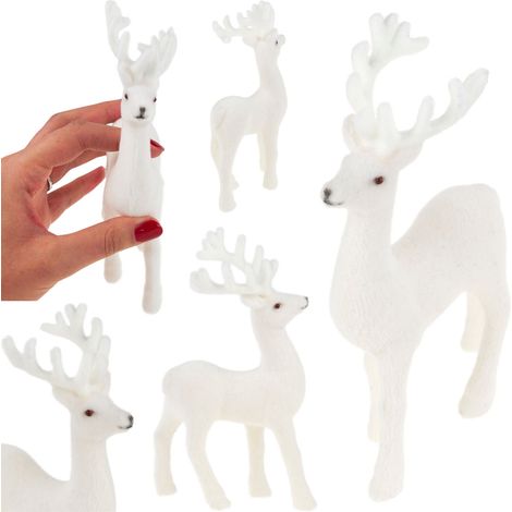 TG56927-1 RENNA FLOCKATA, STATUETTA DECORATIVA IN VELLUTO BIANCO, DECORAZIONE NATALIZIA, GHIRLANDA